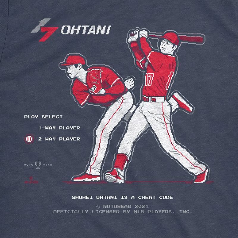ロトウェアー■ ”Ohtani Is A Cheat Code” 大谷翔平選手 レトロゲーム風 Tシャツ 2021年 MLBPA公式ライセンス品 Rotowear