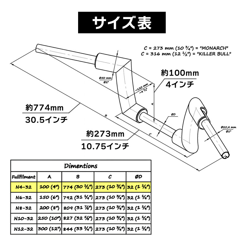 キラーカスタム□ モナーク 2インチ径 ファットハンドルバー ブラック