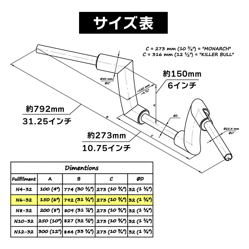 キラーカスタム□ モナーク 2インチ径 ファットハンドルバー ブラック
