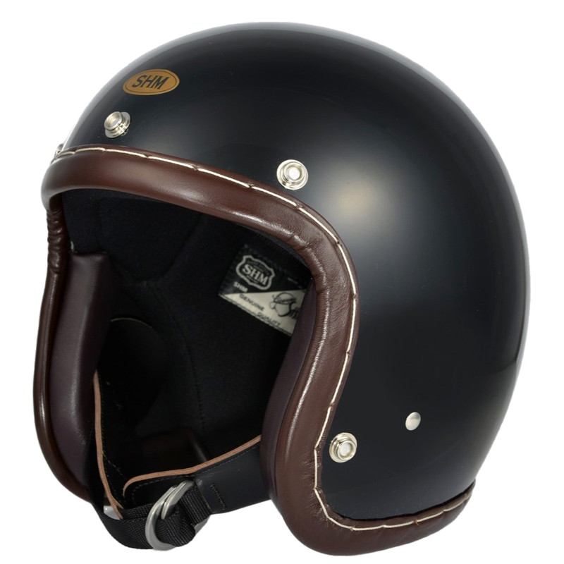 SHM■ Lot-110 ハンドステッチ ジェットヘルメット ブラック/ブラウンレザー（SG規格）