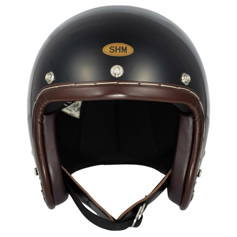 SHM■ Lot-110 ハンドステッチ ジェットヘルメット ブラック/ブラウンレザー（SG規格）