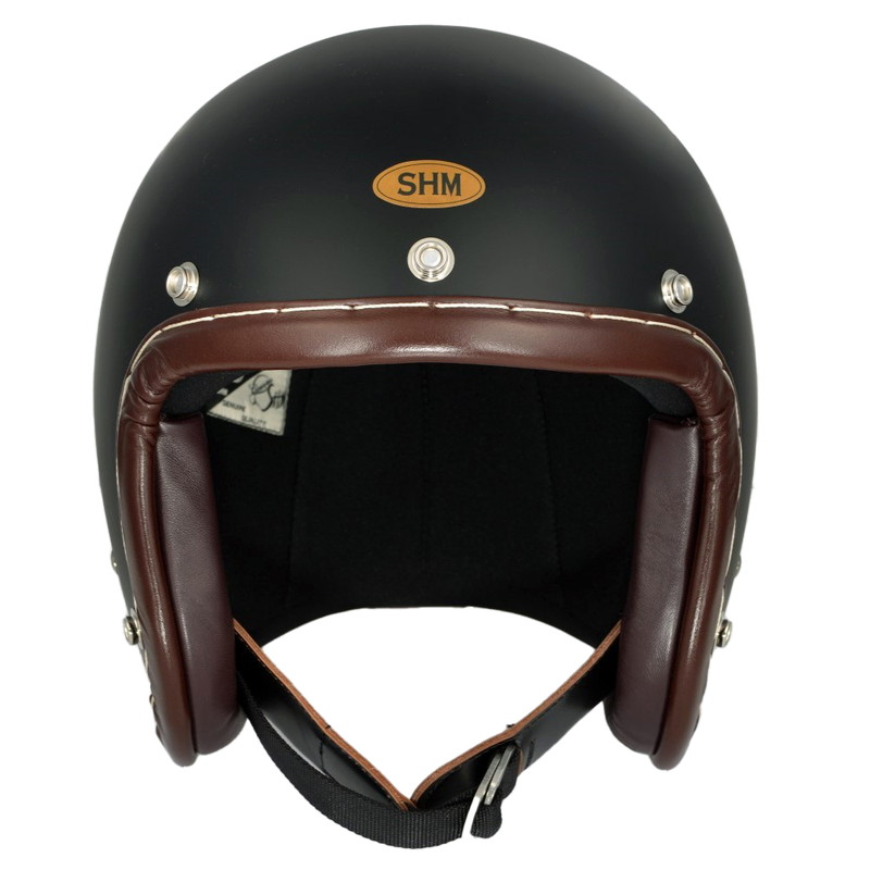SHM■ Lot-110 ハンドステッチ ジェットヘルメット マットブラック/ブラウンレザー（SG規格）