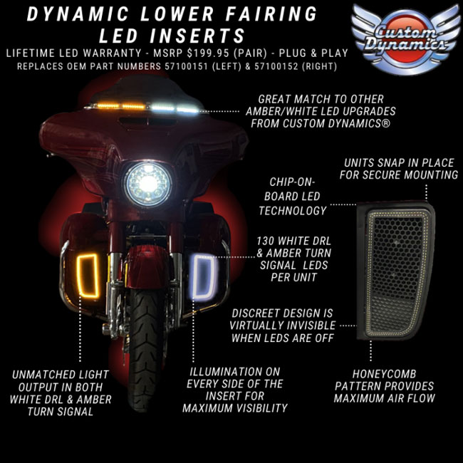 カスタムダイナミクス□ロワーフェアリング ライトインサート アンバー/ホワイト 【14年以降ツーリング】 Custom Dynamics Lower  Fairing Amber/White Light Inserts 2020-1919 CD-LF-AW-B / パインバレー