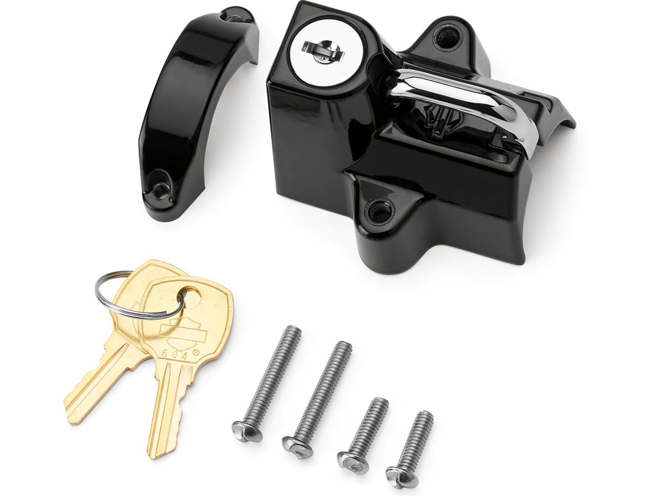 ハーレー純正 ヘルメットロック ユニバーサルタイプ ブラック Harley Davidson Universal Mount Helmet Lock  Black / パインバレー 1セット オートバイ ヘルメット ロック ハンガー フック ユニバーサル モーターバイク 2 キーセット ブラック  AL-PP-7108 AL, image size:1280x967